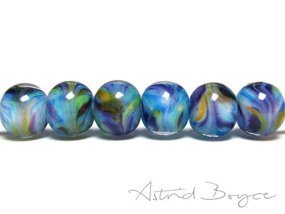 Twilight Grove Blue Twilight Artisan Lampwork Bead Set - Lovely Pantone Niagara Blue Beads -Wisps of Purple and Primrose under Crystal Glass