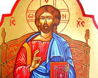 Jesus Christ Pantocrator on Throne - handpainted orthodox icon - 14 by 10 inches