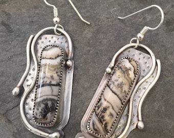 Sterling silver and silver lace onyx earrings. "rain dance"