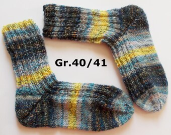 thick hand-knitted socks, Gr. 40/41 (EU), blue - yellow