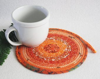 Fabric Coiled Mat / Mug Rug / Trivet / Hot Pad / Orange Bohemian Round by PrairieThreads