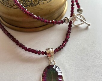 Red Garnet Pendant Necklace-Bali Silver Pendant Necklace