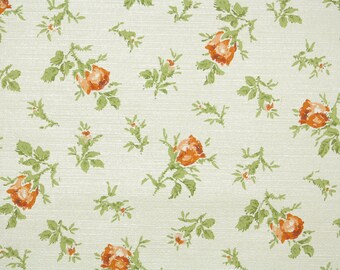 1950s Vintage Wallpaper by the Yard - Floral Wallpaper with Orange Rosebuds and Green Leaves on Cream