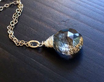 Rutilated Quartz Necklace. Black rutile pendant. Clear Rutilated Quartz drop. Sterling Silver necklace. Modern jewelry. Wire wrapped.
