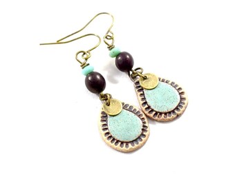 Turquoise Teardrop Stoneware Handmade Earrings, Artisan Earrings, Boho Chic Earrings, Brass Earrings, Czech Glass Earrings, E054