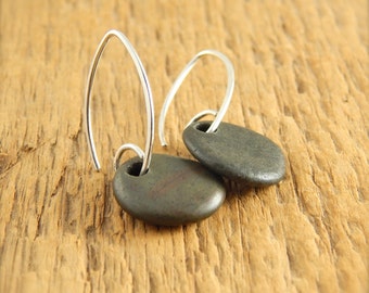 Simple beach stone earrings, green stone long earrings, handmade sterling silver earwires, petals, ready to ship.