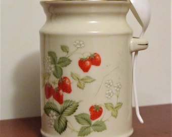 Vintage Strawberries & Cream Ceramic Jam/Jelly Jar with Lid
