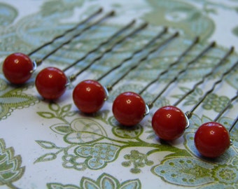 6 Coral Red 8mm Swarovski Crystal Pearl Hair Pins