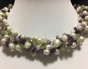 Hand Made Crochet Necklace with Prehnite, Amethyst and Fresh Water Pearls.