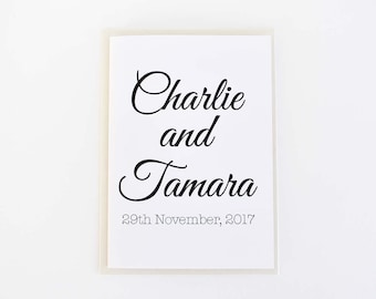Personalised Wedding or engagement card - Custom names and event date - Elegant white wedding card