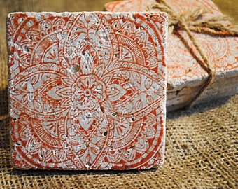 Boheme Coaster, Boho Coasters, Set of 4 Coasters, Stone Coasters, Black Friday Sale, White Elephant Gift, Absorbent Coasters
