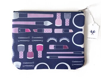 SALE - Large Flat Pouch, Beauty Haul Fabric, Original Pattern, Makeup Design, Lipstick Nail Polish Makeup Brush Print, Cosmetic Bag, Travel