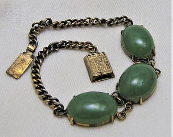 Vintage Jade Link Bracelet with Three Cabs in Chain. Measures 7 1/2 Inches Long and Closes with a Push-in Clasp. Probably 1930's-40's. (D25)