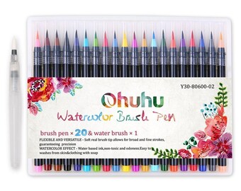 Ohuhu 20 Colors Watercolor Brush Marker Pens Soft Flexible Tip for Painting Art
