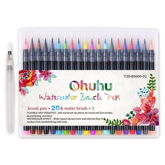 Ohuhu 20 Colors Watercolor Brush Marker Pens Soft Flexible Tip