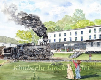 5x7 Train Station painting, Cass WV, Railroad painting, Cass steam engine, Train Depot, watercolor print, Steam Locomotive