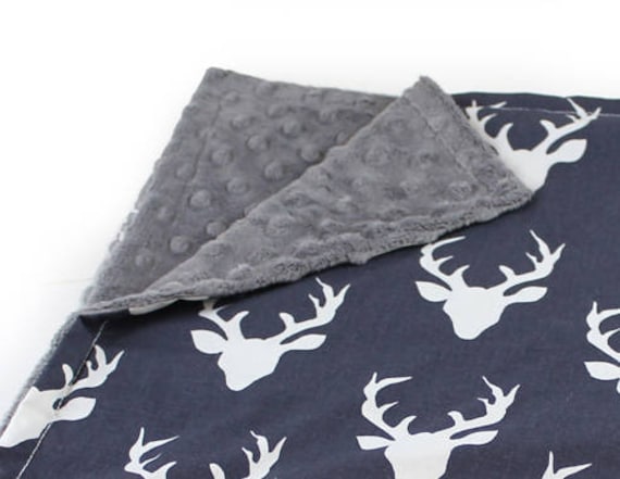 Personalized Baby Mini Deer Baby Minky Blanket Boy Lovey, Navy Blue Gray Cotton, Boy Burp Cloth // Deer Burp Cloth // Security Blanket
