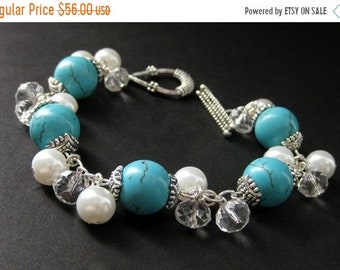 SUMMER SALE Turquoise Howlite Charm Bracelet with White Pearl, Crystal and Silver. Handmade Jewelry by Gilliauna