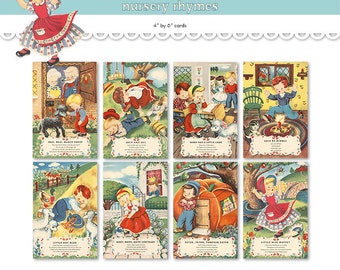 Printable nursery rhyme cards/ printable PDF / digital collage sheet / 4" by 6" / flashcards / postcards / vintage Mother Goose children