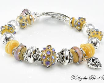 Lampwork Bracelet - Lampwork Sandy with Purple Opal Dots Bali Silver Bead Bracelet - KTBL
