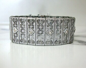Antique Art Deco Filigree Bracelet, 1920s Wide Filigree Cuff, MJCO Designer Fine Vintage Wedding Jewelry