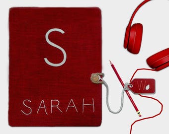 Custom Red Burlap Name Notebook