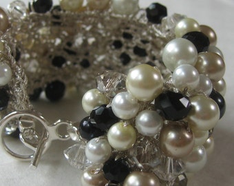 Black, White, Ivory, Champagne Cuff Bracelet, Smokey Quartz Crystal, Elegant Pearls, Classic Hand Knit, Sereba Des