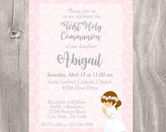 First Communion Invitation, Printable First Holy Communion Girl Invite, Invitacion Primera Comunion, Girl First Holy Communion Pink Invite