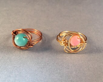 BOGO Gold and Pink Ring and Copper and Turquoise Ring, Wire Wrapped Rings, Ring Size 8.75, One of a Kind, Previously 30 Dollars ON SALE