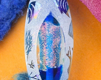 SRA Lampwork Beads "Deep Sea Window" Handmade Sandblasted Glass Polished Dichroic Focal Window Bead ~ Iridescent Lustre ~ True Blue