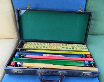 Vintage Mahjong Set 78 Bakelite Tiles and Bakelite Racks in Black Carry Case