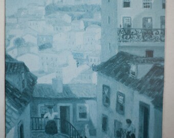 vintage, frame, Mediterranean village of time, ton, signed by the artist, wall decor, home decor
