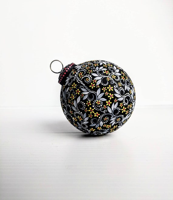 Flowers Hand painted glass ornament artsy ornament black white and yellow Christmas ornament