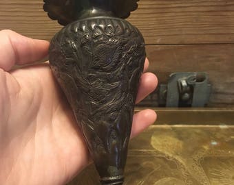 Copper on pewter etched small vase