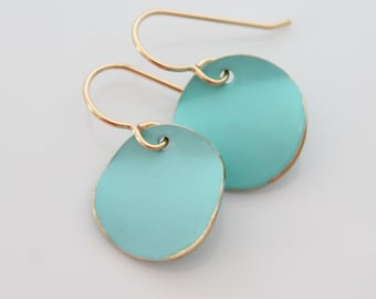 Turquoise Earrings, Round Turquoise and Gold Earrings, Turquoise Jewelry, Dangling Turquoise Earrings 14k Gold Ear Wire, Coin Earrings