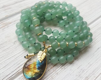 GAIA Mala Necklace Genuine Green Aventurine Mala Necklace Labradorite Mala Beads Labradorite Mala Necklace Mala Necklace Knotted Mala Beads