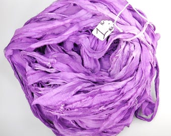 Sari silk ribbon, Silk Chiffon sari ribbon, spinning supply, purple ribbon, tassel supply, weaving supply, crochet supply, knitting supply