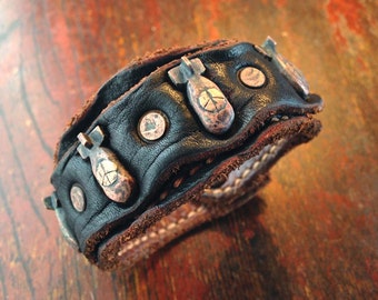 Leather Cuff Bracelet / Copper Peace Bomb