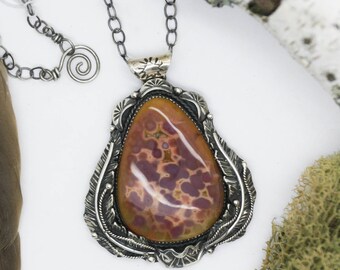 Fossil Clam Necklace. Sterling Silver Feather Necklace. Southwestern Necklace.