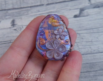 Lilac and Gold Flower Bead, pendant bead, floral bead, gold, Purple flowers, Lampwork Focal Bead SRA, handmade artisan glass,