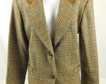 International Scene Made in Russia Ladies Vintage Brown Blue Green Plaid Blazer Jacket Suede Collar Size 7/8 Riding Equestrian Lined