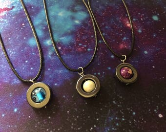 Planet Fidget Necklace / Spinning Saturn, Neptune, & Jupiter Fidget Pendants / Stim Planet Necklace / Hematite Disc