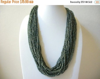 ON SALE Vintage Silvery Green Glass Beads Necklace 8916