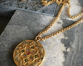 VICTORIAN ART NOUVEAU W H & Co. 14K G. F. Repoussé Suffragette Multi-Color Crystal Locket /Antique 14K Gold Filled 27" Chain / One of A Kind