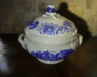 French Sarreguemines Tureen, Blue Transferware, Ironstone
