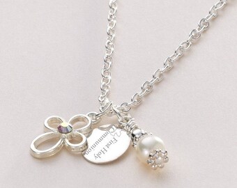 Personalised Girls First Holy Communion Necklace with Open Cross and Engraved Tag.