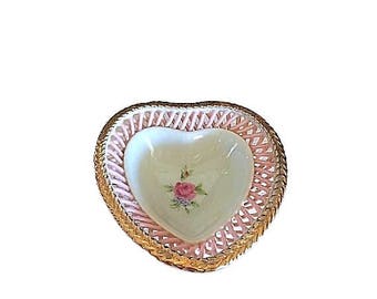 Heart Ring Dish, Trinket Dish, Porcelain Ring Dish, Lattice Porcelain, Jewelry Dish, Vintage Ring Holder, Pink Porcelain, Wedding Gift
