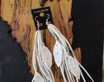 White Deerskin Leather Earrings With Silver And Turquoise Beads And Leather Feathers