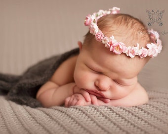 Handmade Pink and White Flower Crown Halo Tieback Newborn Baby Photography Photo Prop or Flower Girl Hair Accessory