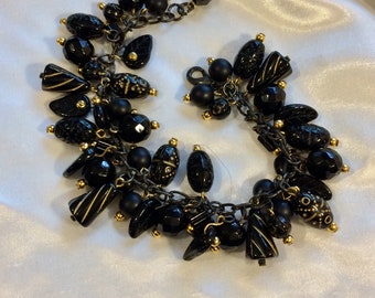 Vintage Black Assorted Glass Beaded Charm Chacha Bracelet